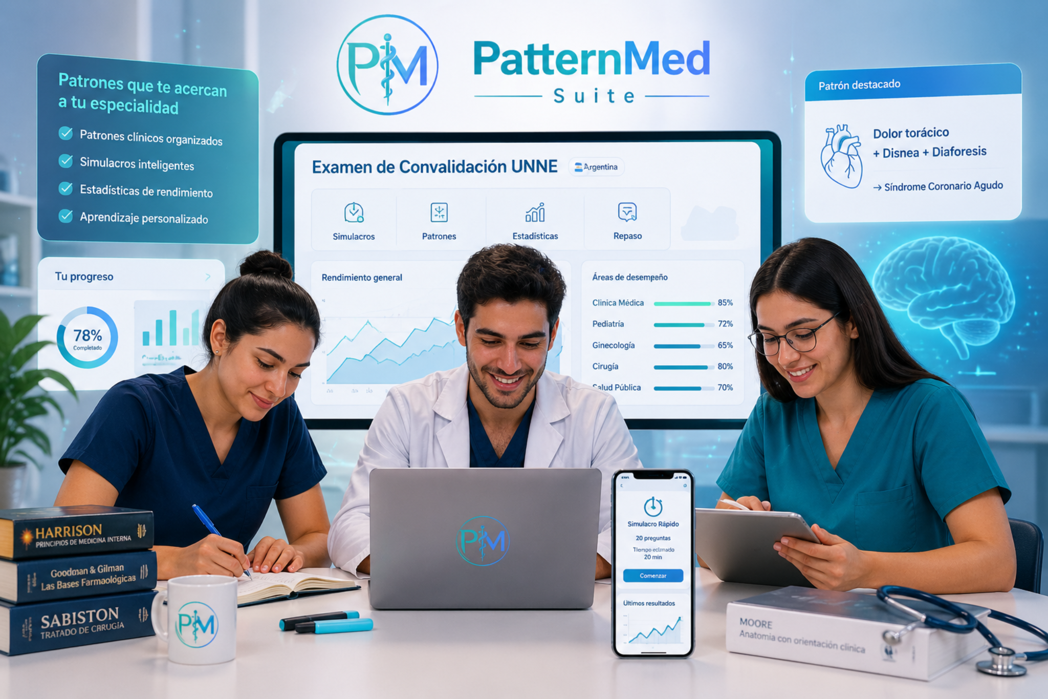 Médicos estudiando con plataforma digital